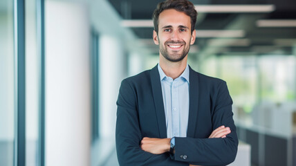Fototapeta premium Portrait of handsome confident middle-aged business executive looking at camera smiling with arms crossed at modern office. 