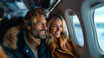 Smiling couple looking out of an airplane window.