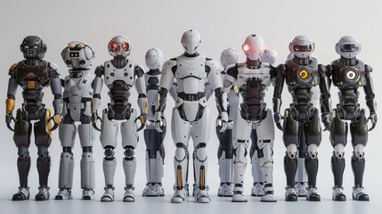 A diverse lineup of advanced robots, showcasing a variety of designs and technological features, symbolizing the progression of artificial intelligence and robotics.