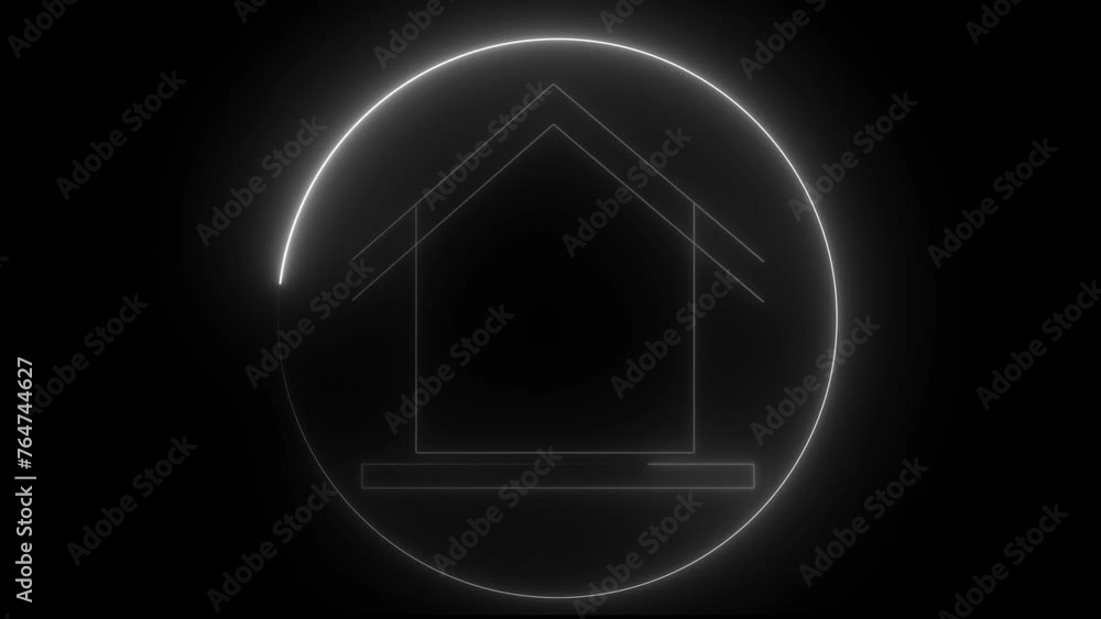 Poster glowing neon line map pointer with house icon isolated on black background. home location marker sym