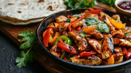 A sizzling plate of chicken fajitas with tender strips of grilled chicken sauted peppers and onions warm tortillas and an assortment of fresh toppings and sauces - obrazy, fototapety, plakaty