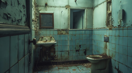 Abandoned bathroom with decaying blue tiles.