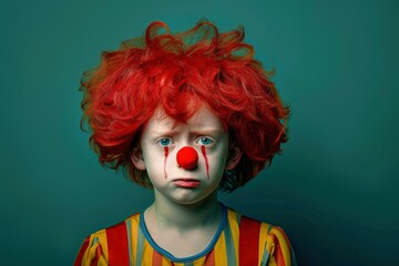 Portrait of sad boy in clown costume with red nose in red wig