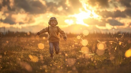 A young boy energetically runs through a field as the sun sets in the background. The childs silhouette is highlighted against the warm colors of the sky.