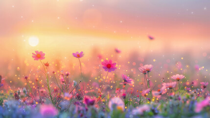 A field of colorful flowers under a bright sun in the background, casting warm light on the blooming flora