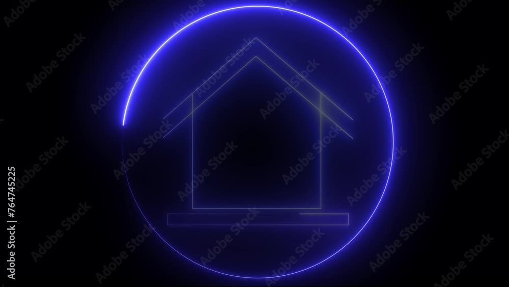 Poster glowing neon line map pointer with house icon isolated on black background. home location marker sym