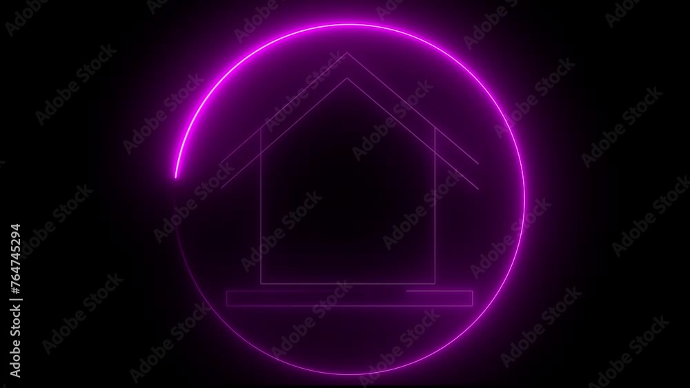 Poster glowing neon line map pointer with house icon isolated on black background. home location marker sym