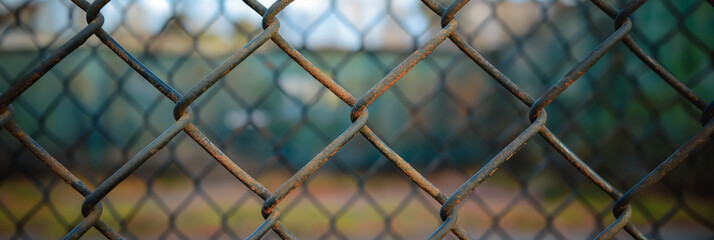 Fototapeta premium Rusted chain-link fence, blurred backdrop.
