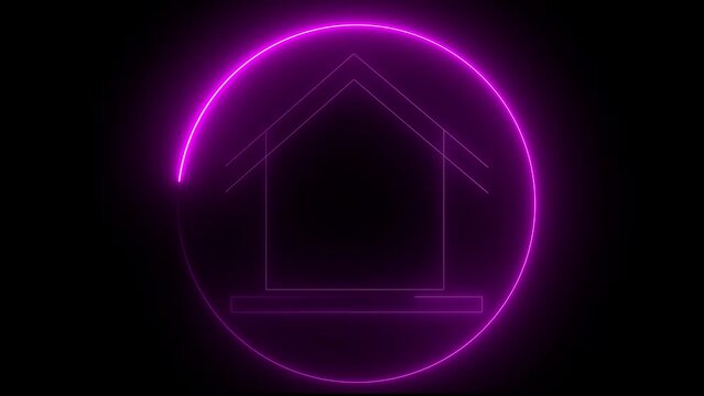 Glowing neon line Map pointer with house icon isolated on black background. Home location marker symbol.