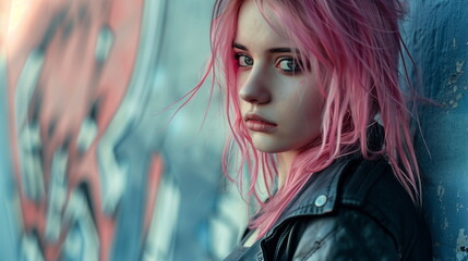 ピンクの髪の若い女性 落書きの壁