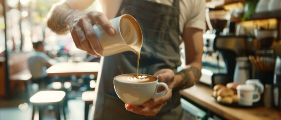 Fototapeta na wymiar Barista perfecting the art of latte with a skilled milk pour.