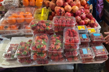 Fruits and vegetables on counter. Vegetable shop in the market.