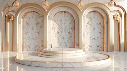 Art Deco style podium in a glamorous setting with geometric patterns and metallic accents - obrazy, fototapety, plakaty