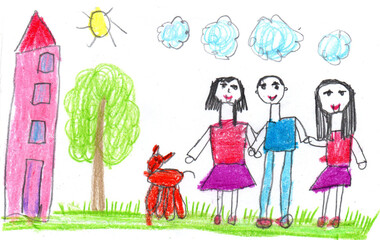 Child drawing of a happy family on a walk outdoors. Pencil art in childish style