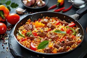 Fried rice with vegetables and meat in a frying pan