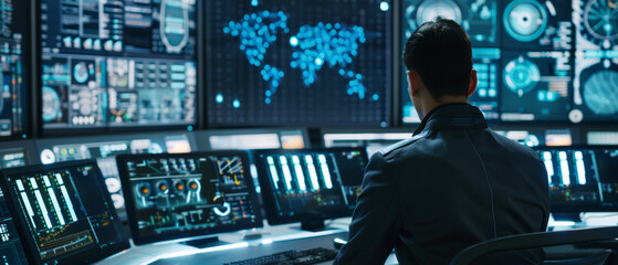 A focused technician oversees operations from a command center with myriad screens and data points. - obrazy, fototapety, plakaty