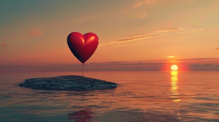 A heart-shaped balloon hovers gracefully above a calm body of water, reflecting its vibrant red color on the surface. The balloon appears weightless as it drifts along the waters edge.