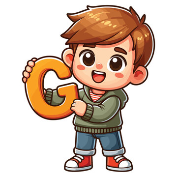 recommend clip art: cartoon cute happy Little boy holding alphabet letter G vector