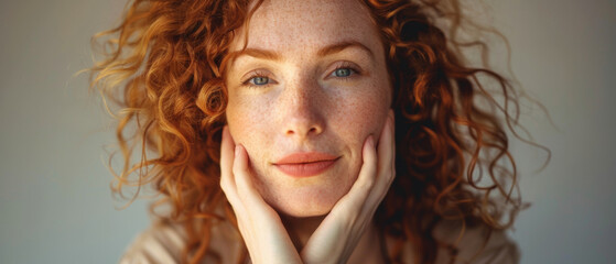 Radiant redhead woman with captivating freckles, poised in serene contemplation.