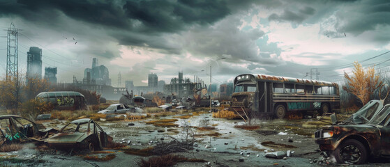 Post-apocalyptic scenery depicts a desolate urban wasteland, forsaken and reclaimed by nature. - obrazy, fototapety, plakaty