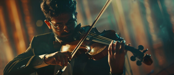 Passionate violinist engrossed in music amidst a warm, theatrical glow.