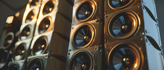 Wall of powerful speakers in a sound system with a focus on audio dynamics.