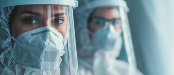 Fototapeta na wymiar Healthcare professionals in PPE maintaining a vigilant gaze during a critical situation.