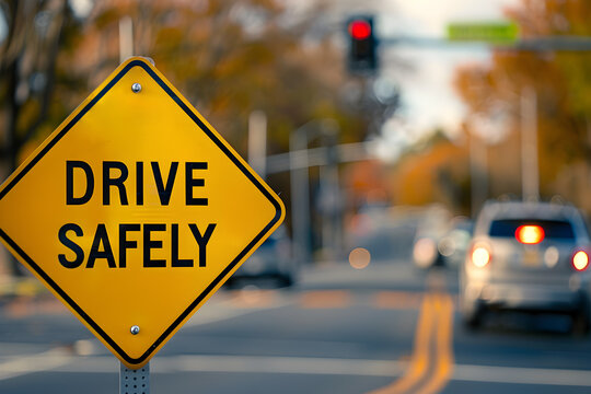 Drive safely yellow road sign closeup with street in background