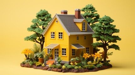 Small toy wooden yellow house surrounded by green plants and trees on vibrant yellow background