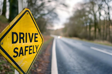 Drive safely yellow road sign closeup with in background - obrazy, fototapety, plakaty
