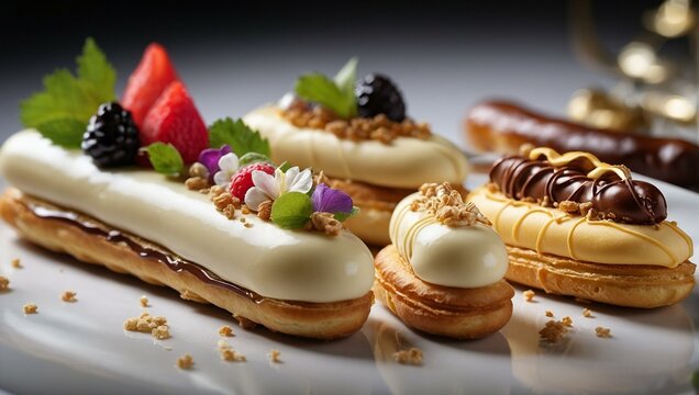 Trio of sophisticated eclairs adorned with chocolate glaze, whipped cream, and decorative toppings on a reflective surface