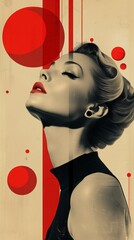 Stylized portrait of a woman in a retro-futuristic art style with red geometric shapes. sophisticated stylized geometric artistic design in red, abstract, vintage, and contemporary fashion.