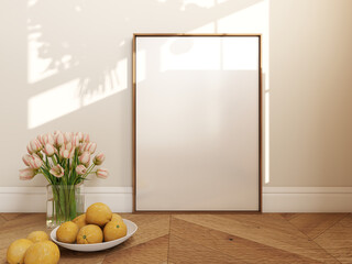 Wooden frame mockup on parquet floor with reflection light and shadow, cottage interior. empty poster closeup, artwork on floor. 3D illustration