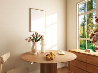 wooden frame on beige wall in cottage dining room, cozy home design. empty poster mockup with wood table and light reflection. 3d illustration