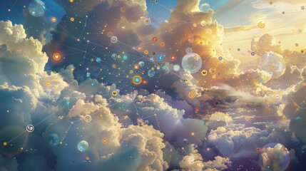 Internet social network icons. Fluffy white clouds and bubbles peacefully floating in a clear blue sky. The scene is whimsical and dreamlike, creating a sense of lightness and wonder. - obrazy, fototapety, plakaty