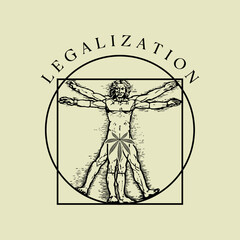 Legalization of marijuana. An illustration of the anatomy of a man with a marijuana leaf on his genitals as a symbol of legalization - 764752282