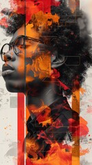 Abstract art and beauty portrait: vibrant collage of an african america descent man with glasses, blending with abstract orange and black art