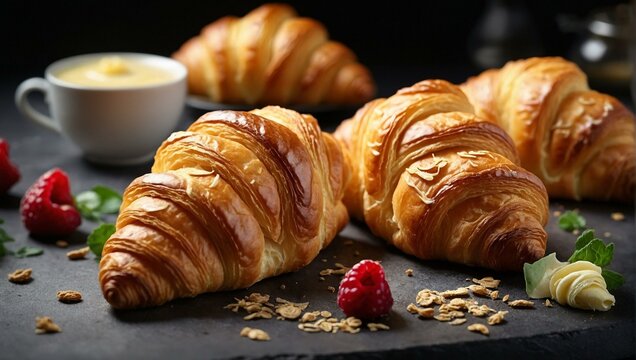 Flaky, golden-brown croissants accompanied by a bowl of cream, scattered berries, and granola on a dark table