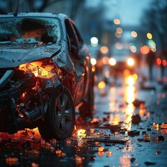 A heavily damaged car halts traffic on a rainy night, with street lights reflecting on the wet surface