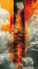Abstract digital art depicting a vibrant celestial column amid a stormy sky. Abstract digital artwork of cosmic pillar creation in vibrant stormy sky with fiery orange. Red. And yellow clouds.