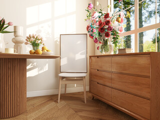 interior frame mockup on chair in cottage core dining room, vintage decor. empty poster with flowers and spring interior, wooden frame. 3D illustration