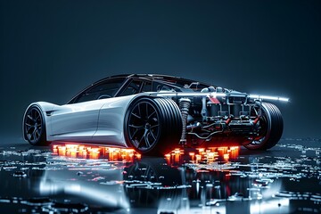 Futuristic electric sports car chassis with battery packs high performance and future EV factory production prototype showcase. Concept Electric Sports Car, Chassis Design, Battery Technology - obrazy, fototapety, plakaty