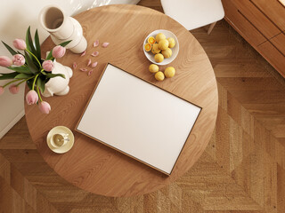 Empty poster on wooden table in cottage core aesthetic dining room. interior frame mockup, vintage home design. 3d illustration