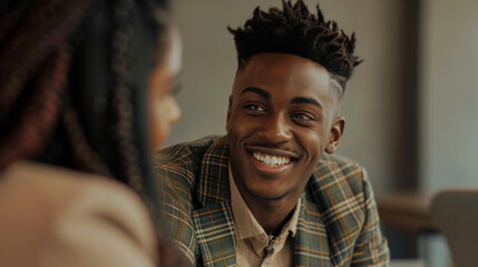 A joyful conversation between two individuals, with one person smiling broadly.