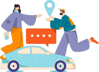 Flat vector concept operation hand drawn illustration of people taking a taxi
