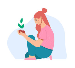 Mental Health Recovery, Inner Self Concept. Woman Holding a Growing Tree. Flat Vector Illustration.