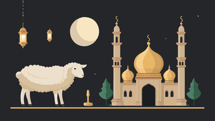 Captivating Eid al-Adha Illustration: Lifelike Sheep Gracing the Scenic Mosque - obrazy, fototapety, plakaty