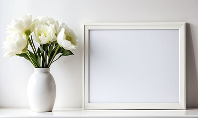 Beautiful photo frame with leaves on a white background.