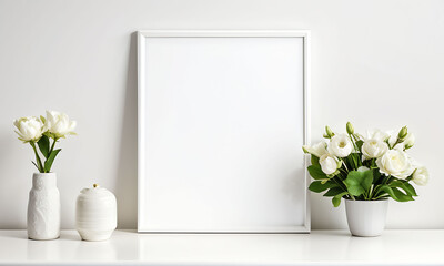 Beautiful photo frame with leaves on a white background.