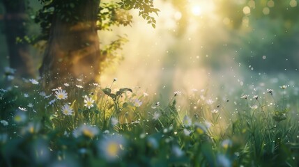 Beautiful nature at morning in the misty spring forest with sun - Powered by Adobe